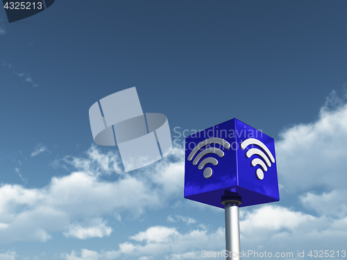 Image of wifi symbol on cube undercloudy sky - 3d rendering