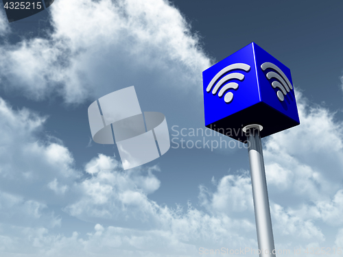 Image of wifi symbol on cube undercloudy sky - 3d rendering