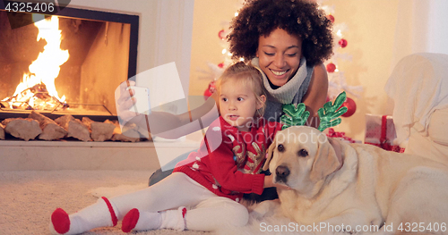 Image of Mixed race family taking christmas selfie