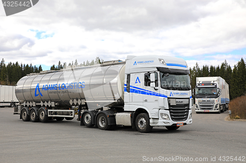 Image of White DAF XF Semi Tank Truck on the Move
