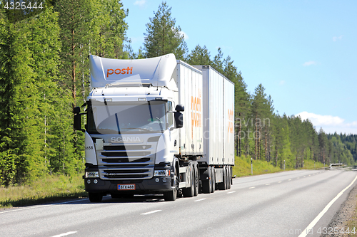 Image of White Scania Transport Truck for Postal Deliveries at Summer