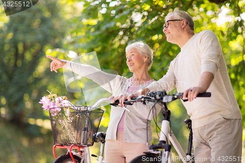 Image of happy senior couple with bicycles at summer park