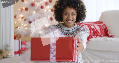 Image of Smiling friendly woman offering a Christmas gift