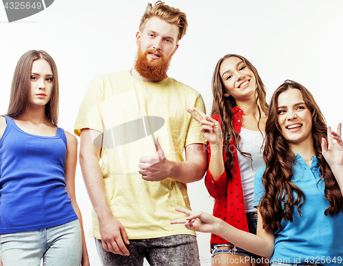 Image of company of hipster guys, bearded red hair boy and girls students having fun together friends, diverse fashion style, lifestyle people concept isolated on white background 