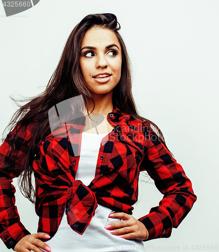 Image of young happy smiling latin american teenage girl emotional posing on white background, lifestyle people concept 