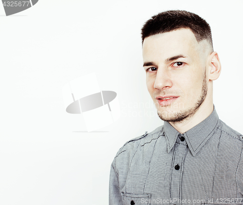 Image of young handsome teenage hipster guy posing emotional, happy smiling against white background isolated, lifestyle people concept 