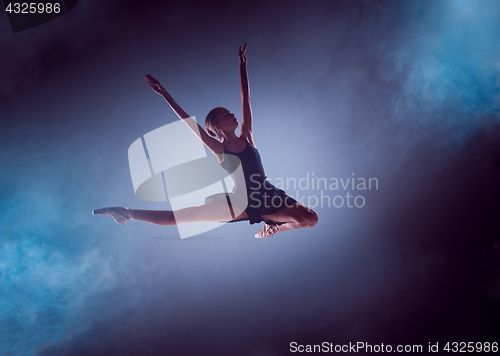 Image of Beautiful young ballet dancer jumping on a lilac background.