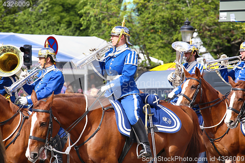 Image of STOCKHOLM, SWEDEN - AUGUST 20, 2016: Swedish Royal Guards on hor