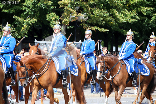 Image of STOCKHOLM, SWEDEN - AUGUST 20, 2016: Swedish Royal Guards on hor