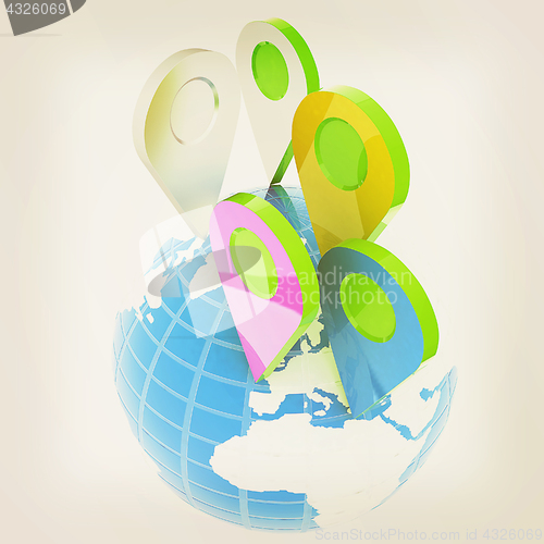 Image of Planet Earth and map pins icon. Earth globe and colorful map lab