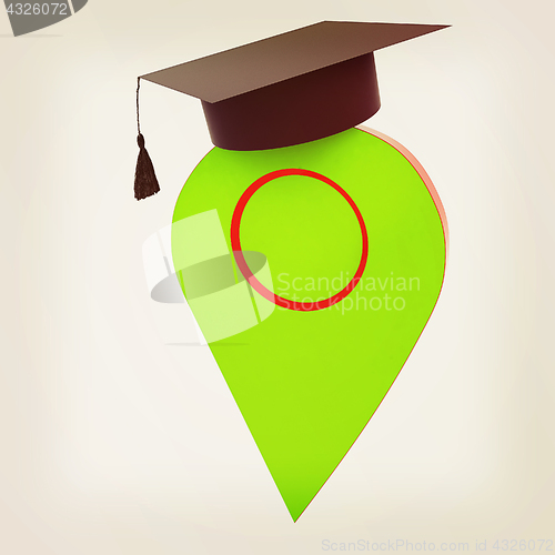 Image of Geo pin with graduation hat on white. School sign, geolocation a