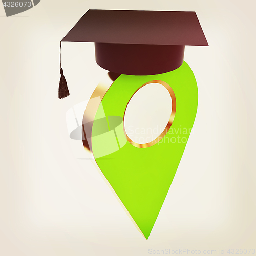 Image of Geo pin with graduation hat on white. School sign, geolocation a