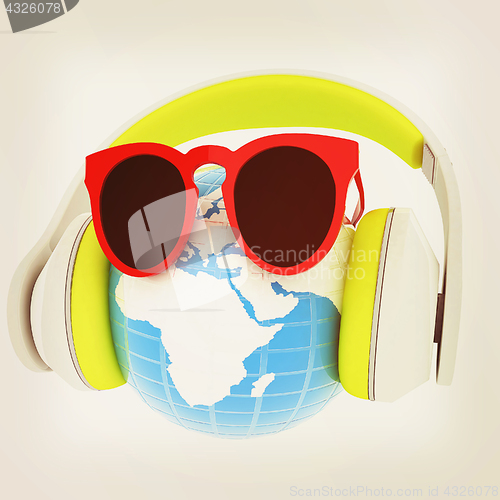 Image of Earth planet with earphones and sunglasses. 3d illustration. Vin