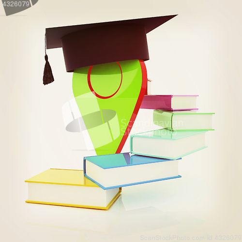 Image of Pointer of education in graduation hat with books around. 3d ill