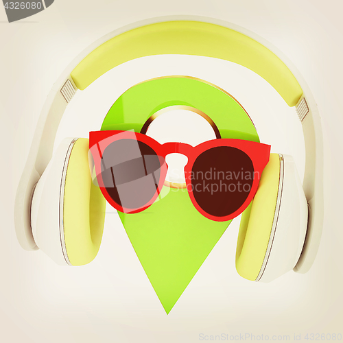 Image of Glamour map pointer in sunglasses and headphones. 3d illustratio
