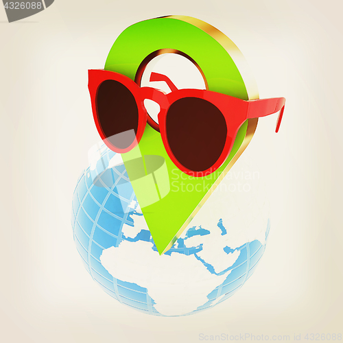 Image of Glamour map pointer in sunglasses on Earth. 3d illustration. Vin