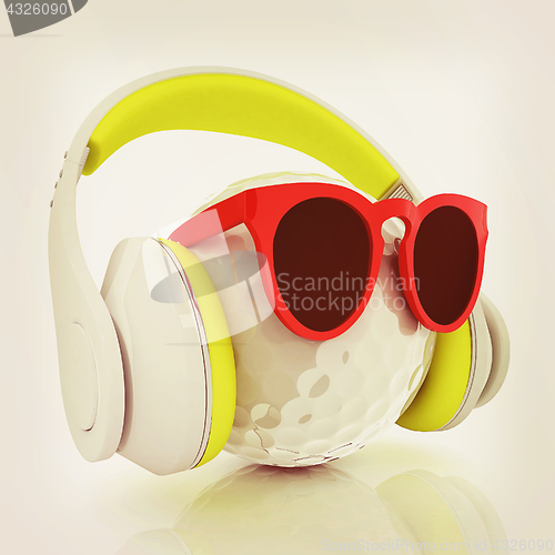 Image of Golf Ball With Sunglasses and headphones. 3d illustration. Vinta