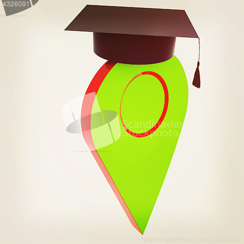 Image of Geo pin with graduation hat on white. School sign, geolocation a