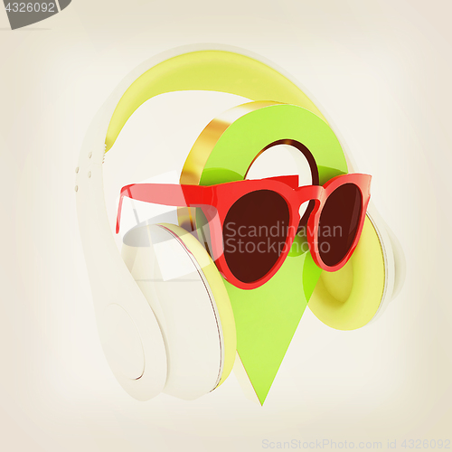Image of Glamour map pointer in sunglasses and headphones. 3d illustratio