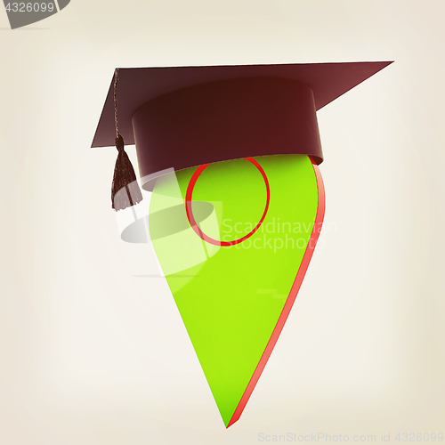 Image of Geo pin with graduation hat on white. School sign, geolocation a