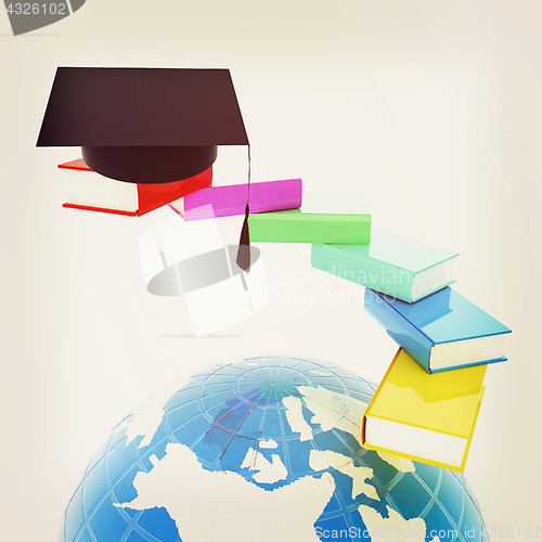 Image of Earth of education with books around and graduation hat. Global 