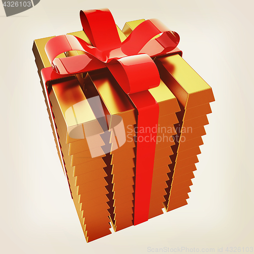 Image of Stacked Gold Bars with gold Ribbon. 3d illustration. Vintage sty