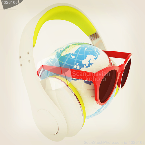 Image of Earth planet with earphones and sunglasses. 3d illustration. Vin