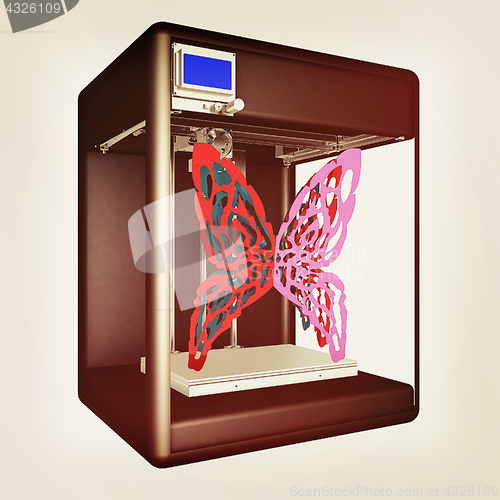 Image of 3d printer during work on the new butterfly design. 3d illustrat