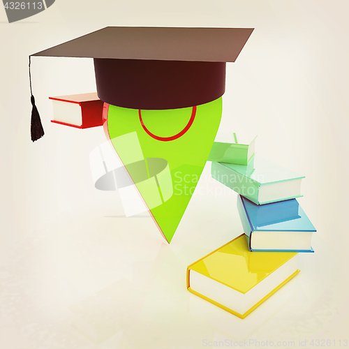 Image of Pointer of education in graduation hat with books around. 3d ill