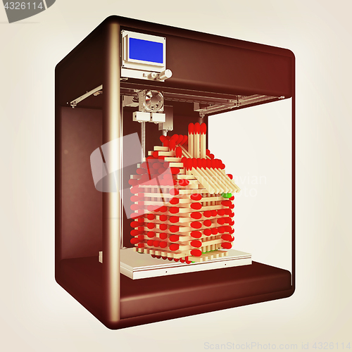 Image of Industrial 3D printer prints a toy house made of matches. 3d ill