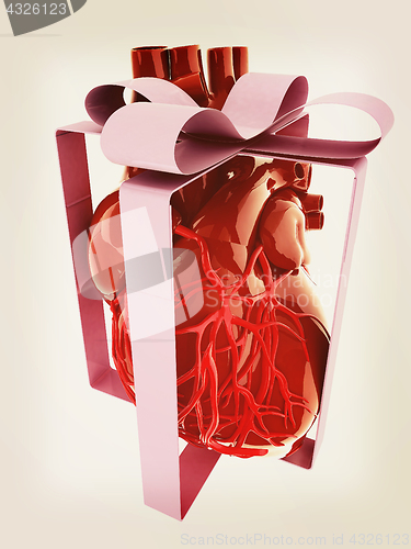 Image of Red human heart with ribbon. Donor concept. 3d illustration. Vin