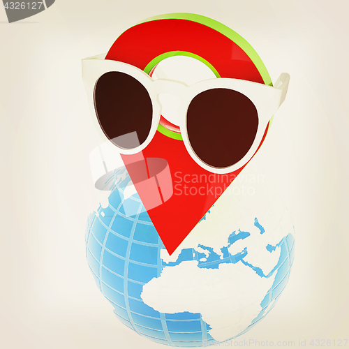 Image of Glamour map pointer in sunglasses on Earth. 3d illustration. Vin