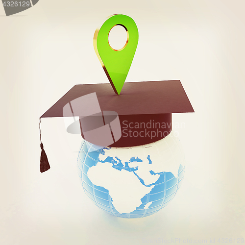 Image of Geo pin with graduation hat on white. School sign, geolocation a