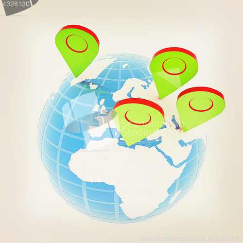 Image of Planet Earth and map pins icon. Earth globe and colorful map lab