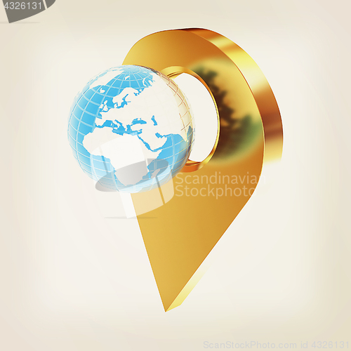 Image of Planet Earth and golden map pins icon on Earth. 3d illustration.