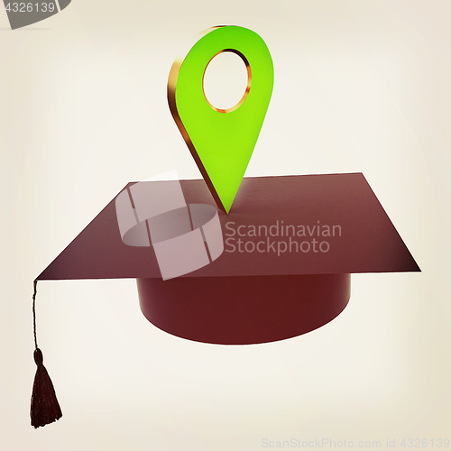 Image of Geo pin with graduation hat on white. School sign, geolocation a