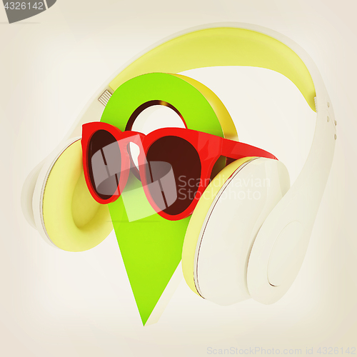 Image of Glamour map pointer in sunglasses and headphones. 3d illustratio