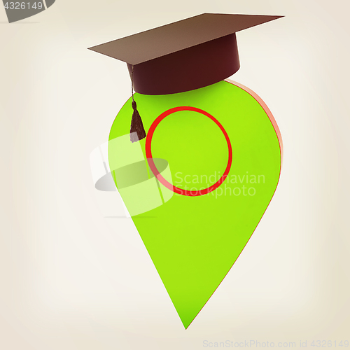 Image of Geo pin with graduation hat on white. School sign, geolocation a