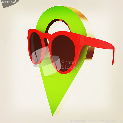Image of Glamour map pointer in sunglasses. 3d illustration. Vintage styl