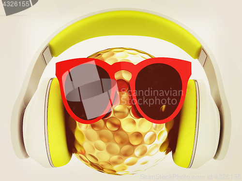 Image of Gold Golf Ball With Sunglasses and headphones. 3d illustration. 