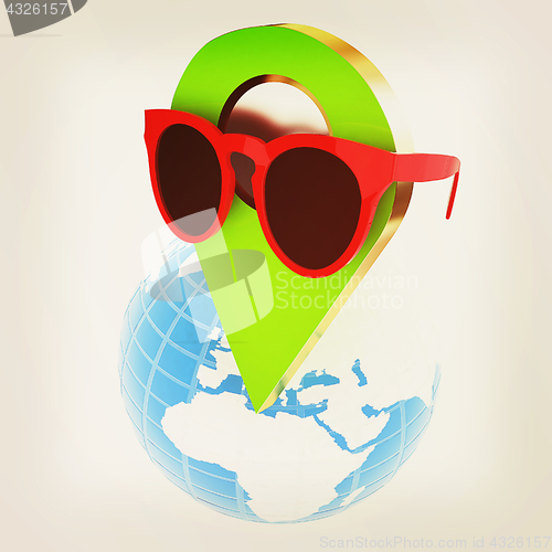 Image of Glamour map pointer in sunglasses on Earth. 3d illustration. Vin