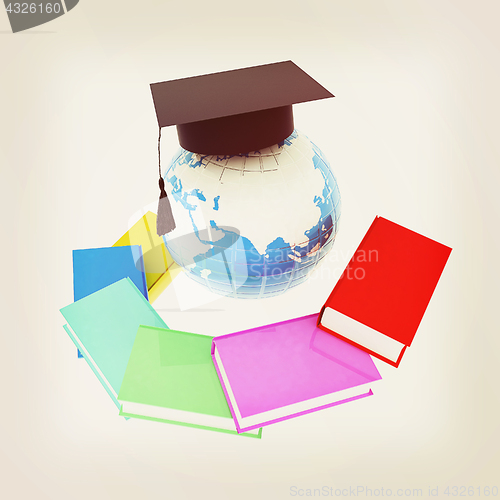 Image of Earth of education with books around and graduation hat. Global 
