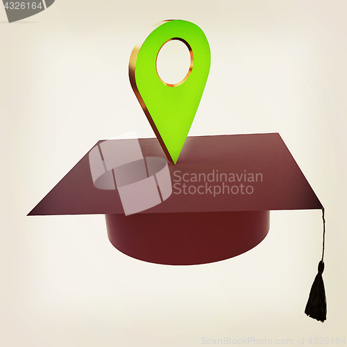 Image of Geo pin with graduation hat on white. School sign, geolocation a