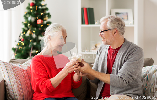 Image of happy smiling senior couple with christmas gift