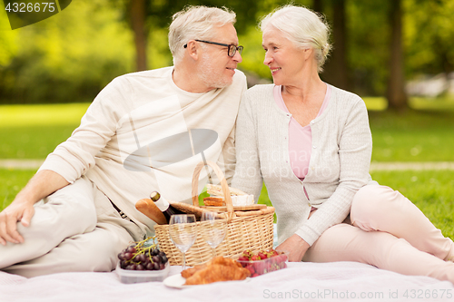 Image of happy senior couple having picnic at summer park
