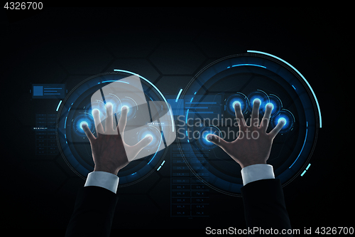 Image of businessman hands with virtual projection