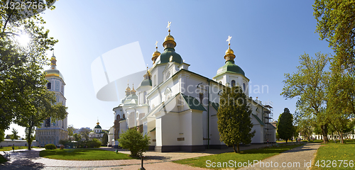 Image of Panorama of Saint Sophia Cathedral in Kiev in a bright spring sunny summer morning