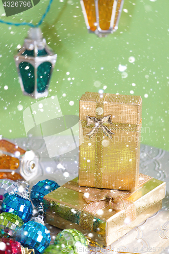 Image of Golden presents and christmas toys