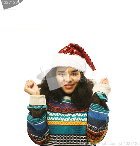 Image of cute young real african hipster girl in santas red hat isolated 