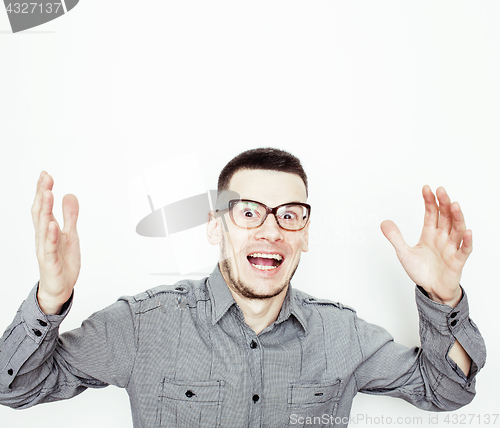 Image of young handsome teenage hipster guy posing emotional, happy smiling against white background isolated, lifestyle people concept 